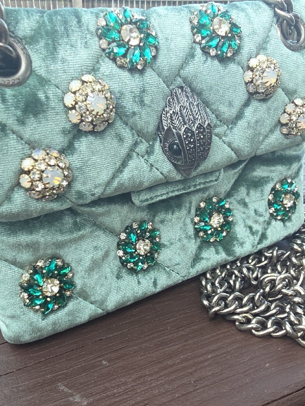 Kurt Geiger Embellished Quilted Green Velvet Shoulder Bag - Picture 14 of 16